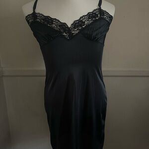 80s Black Lace-Trim Slip Dress